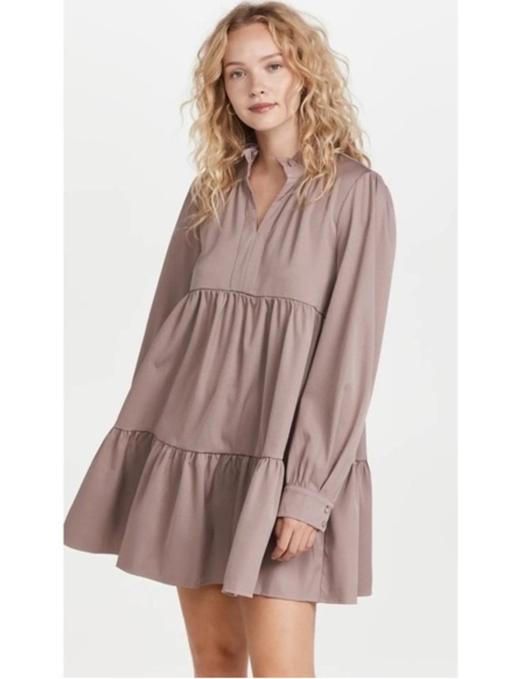 En Saison Tiered Babydoll Mini Dress in Mushroom Size Large Boho Flowy